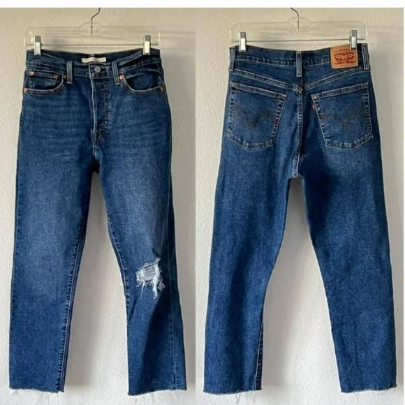 LEVI'S Wedgie Straight Hi Rise Button Fly Blue Distressed Jeans Size 30 - Picture 2 of 12